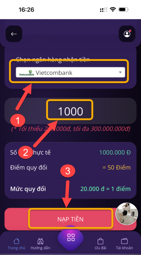 Chọn vào ngân hàng muốn nạp tiền và điền đúng số điểm muốn nạp