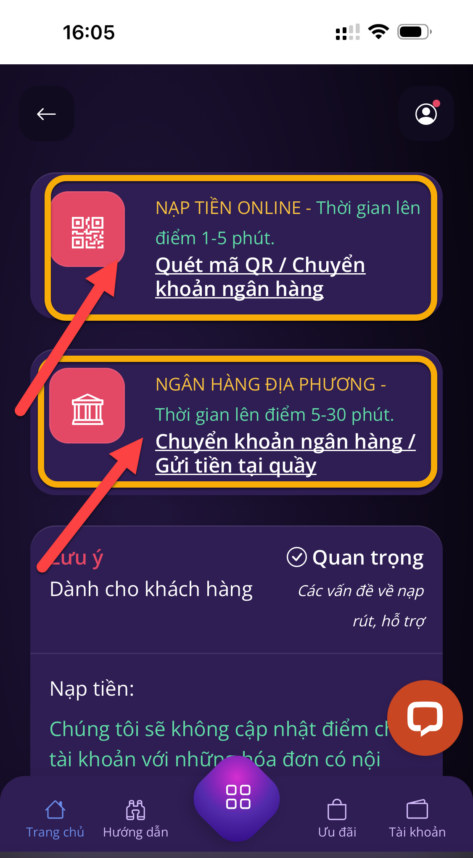 Có 2 hình thức nạp tiền gồm: Nạp Tiền Online và Ngân Hàng Địa Phương