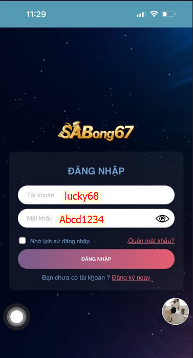 Nhập thông tin tài khoản đã đăng ký tại Sabong67